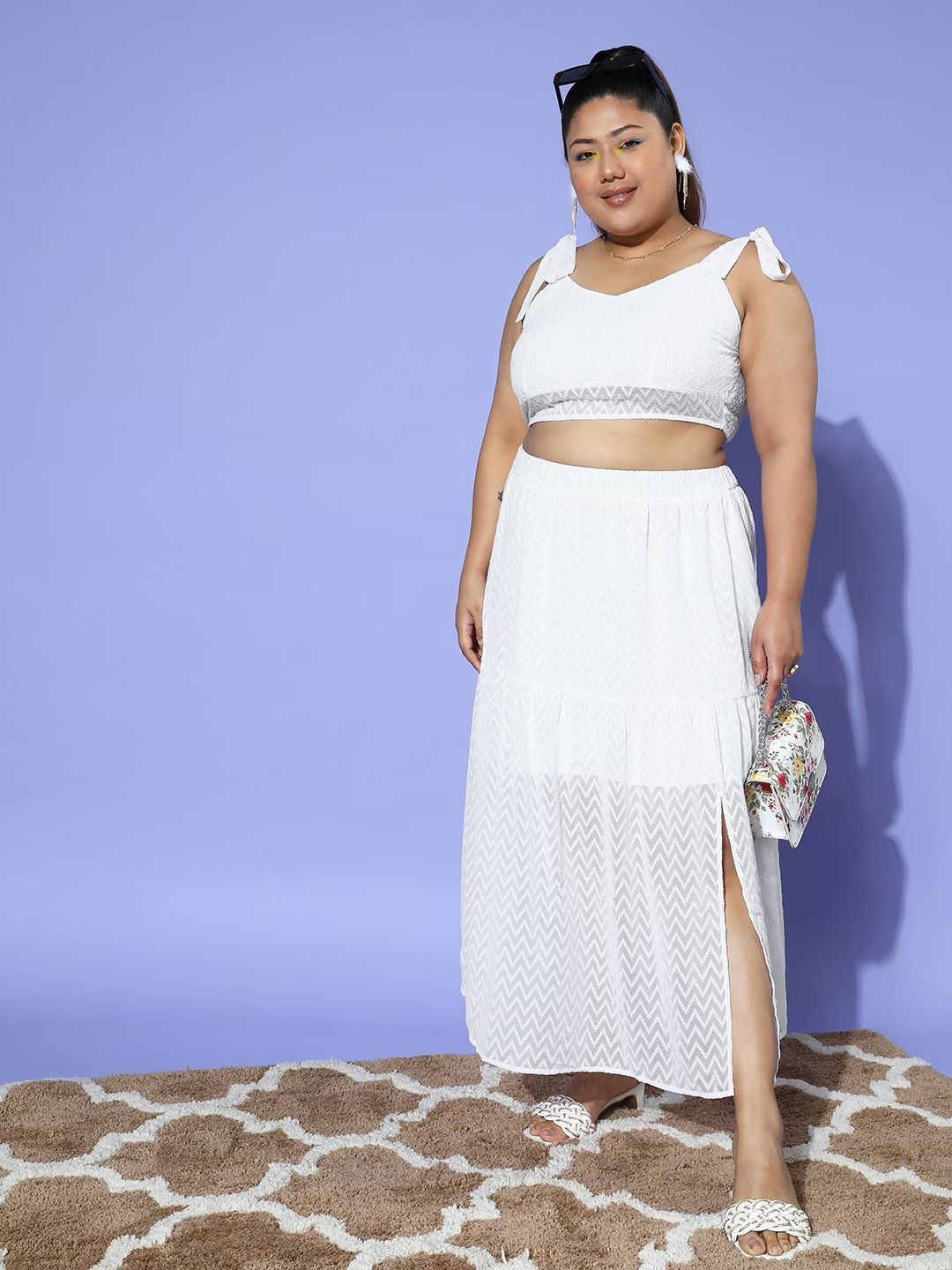 Women Plus Size Chevron White V-Neck Tie-Up Shoulder Cami Crop Top Thigh-High Slit Maxi Skirt Co-Ord Set Berrylush