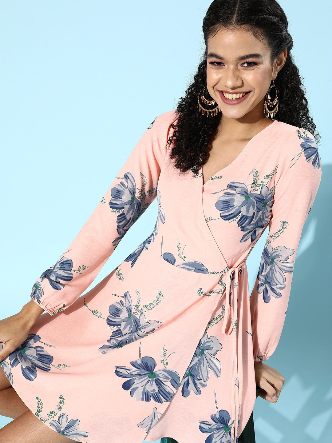 Berrylush Women Pink & Blue Floral Printed Crepe Mini Wrap Dress Berrylush Women Pink & Blue Floral Printed Crepe Mini Wrap Dress