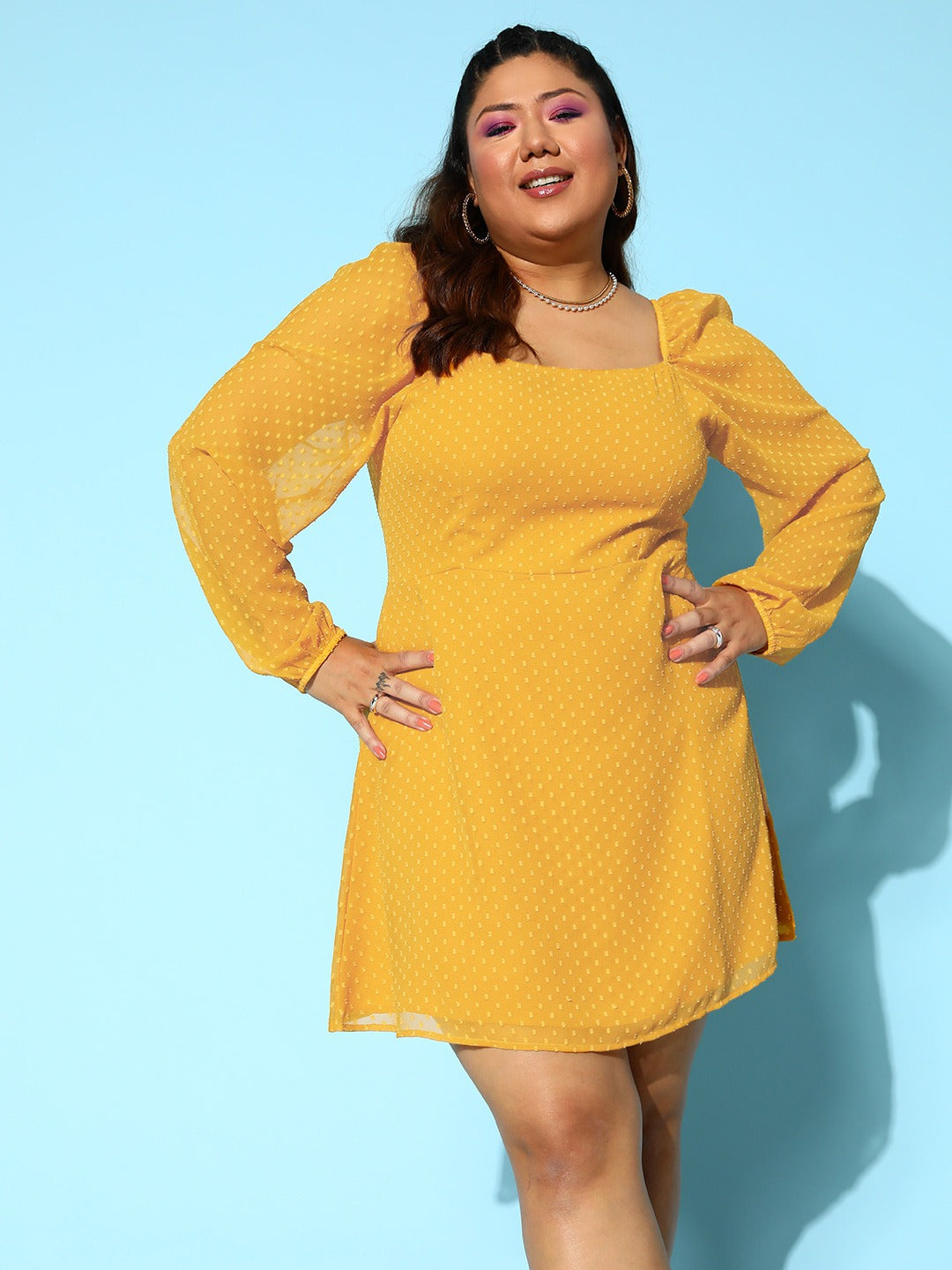 Women Plus Size Solid Yellow Dobby Weave Square Neck Georgette Sheer Flared A-Line Mini Dress - Berrylush Women Plus Size Solid Yellow Dobby Weave Square Neck Georgette Sheer Flared A-Line Mini Dress - Berrylush