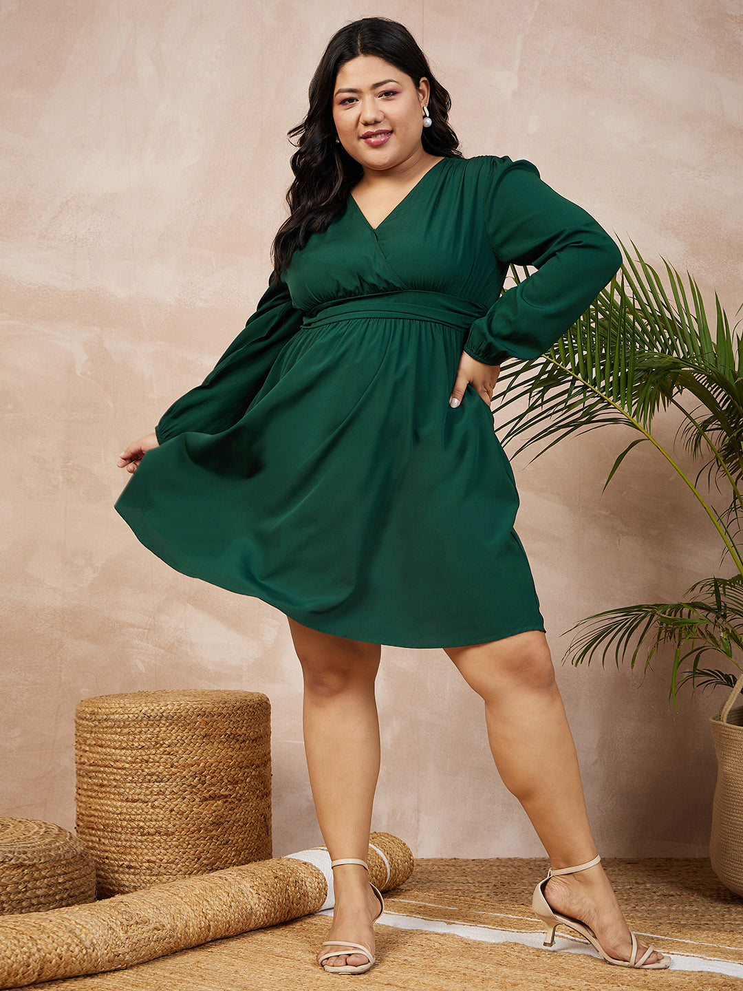 Women Plus Size Solid Green V-Neck Lantern Sleeve Smocked Wrap