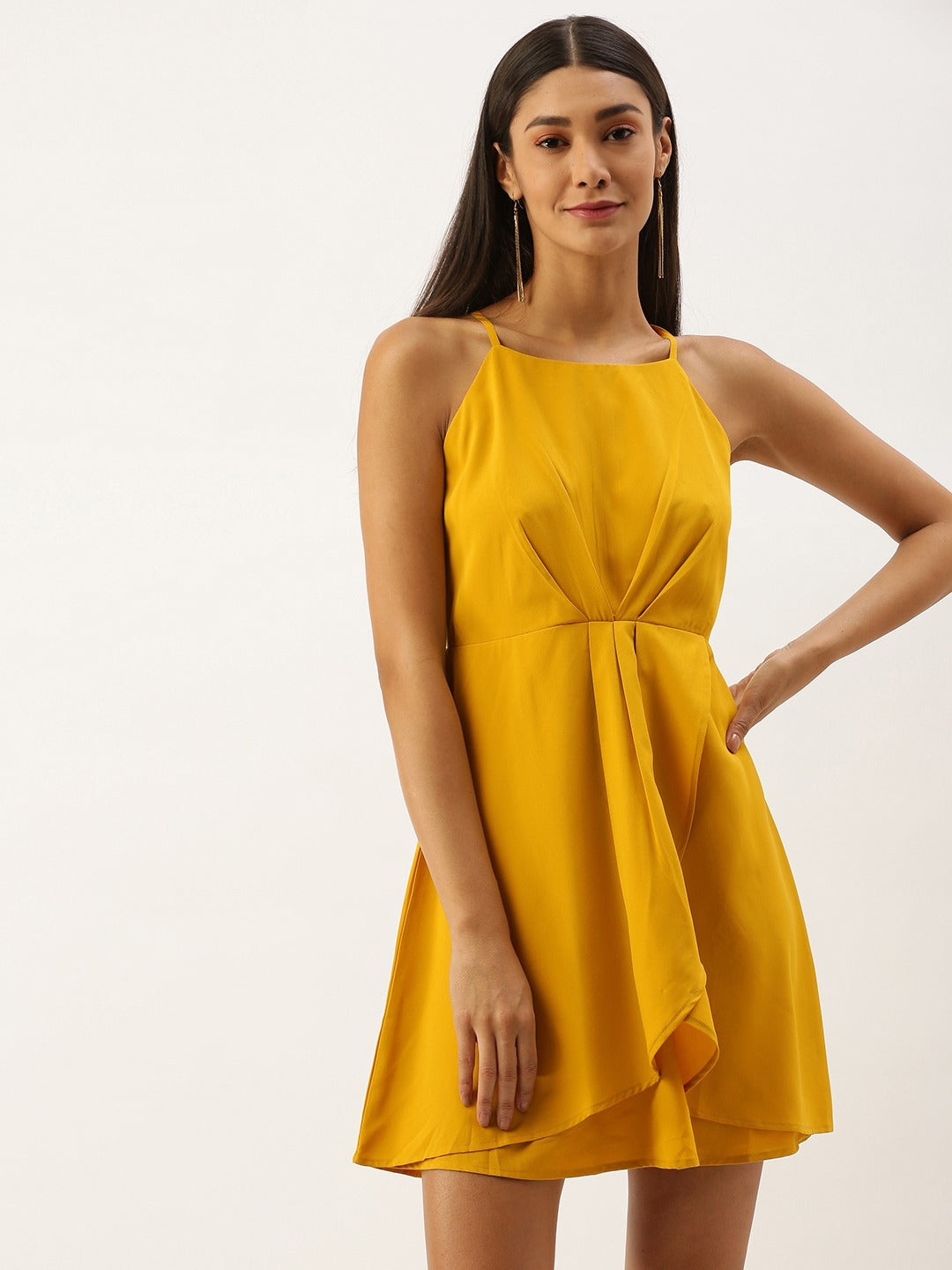 Berrylush Women Mustard Yellow Halter Neck Mini Dress Berrylush Women Mustard Yellow Halter Neck Mini Dress