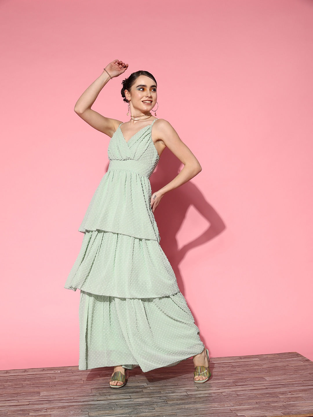 Women Solid Green Dobby Weave V-Neck Sleeveless Georgette Layered Fit & Flare Maxi Dress - Berrylush Women Solid Green Dobby Weave V-Neck Sleeveless Georgette Layered Fit & Flare Maxi Dress - Berrylush