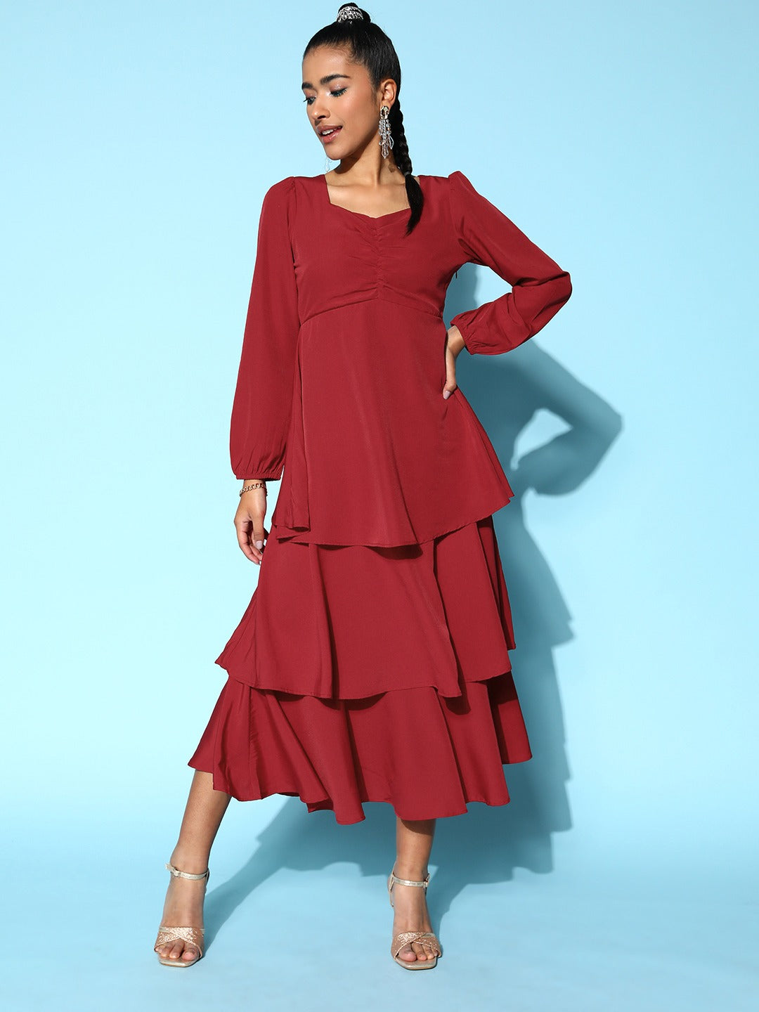 Women Solid Red Sweetheart Neck Puff Sleeve Flounce Tiered A-Line Maxi Dress Berrylush