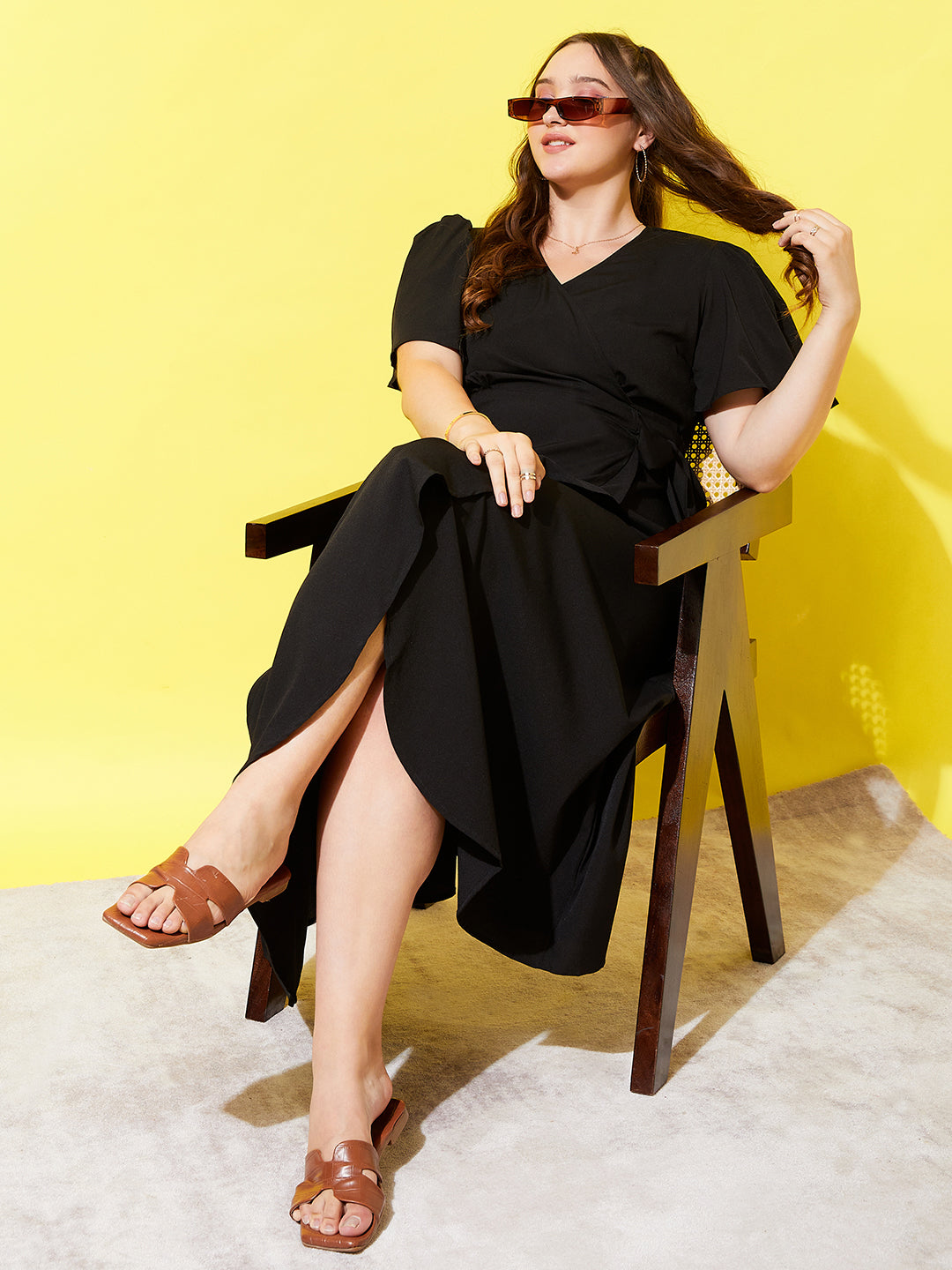 Women Plus Size Solid Black V-Neck Flutter Sleeve Tie-Up Waist Flared A-Line Wrap Mini Dress - Berrylush Women Plus Size Solid Black V-Neck Flutter Sleeve Tie-Up Waist Flared A-Line Wrap Mini Dress - Berrylush