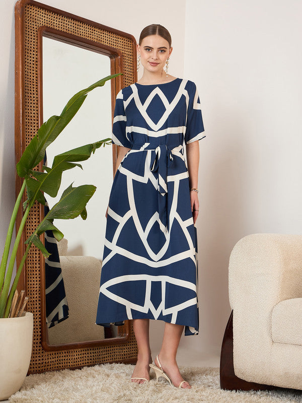 Women Navy Blue White Geometric Printed Round Neck Crepe Waist