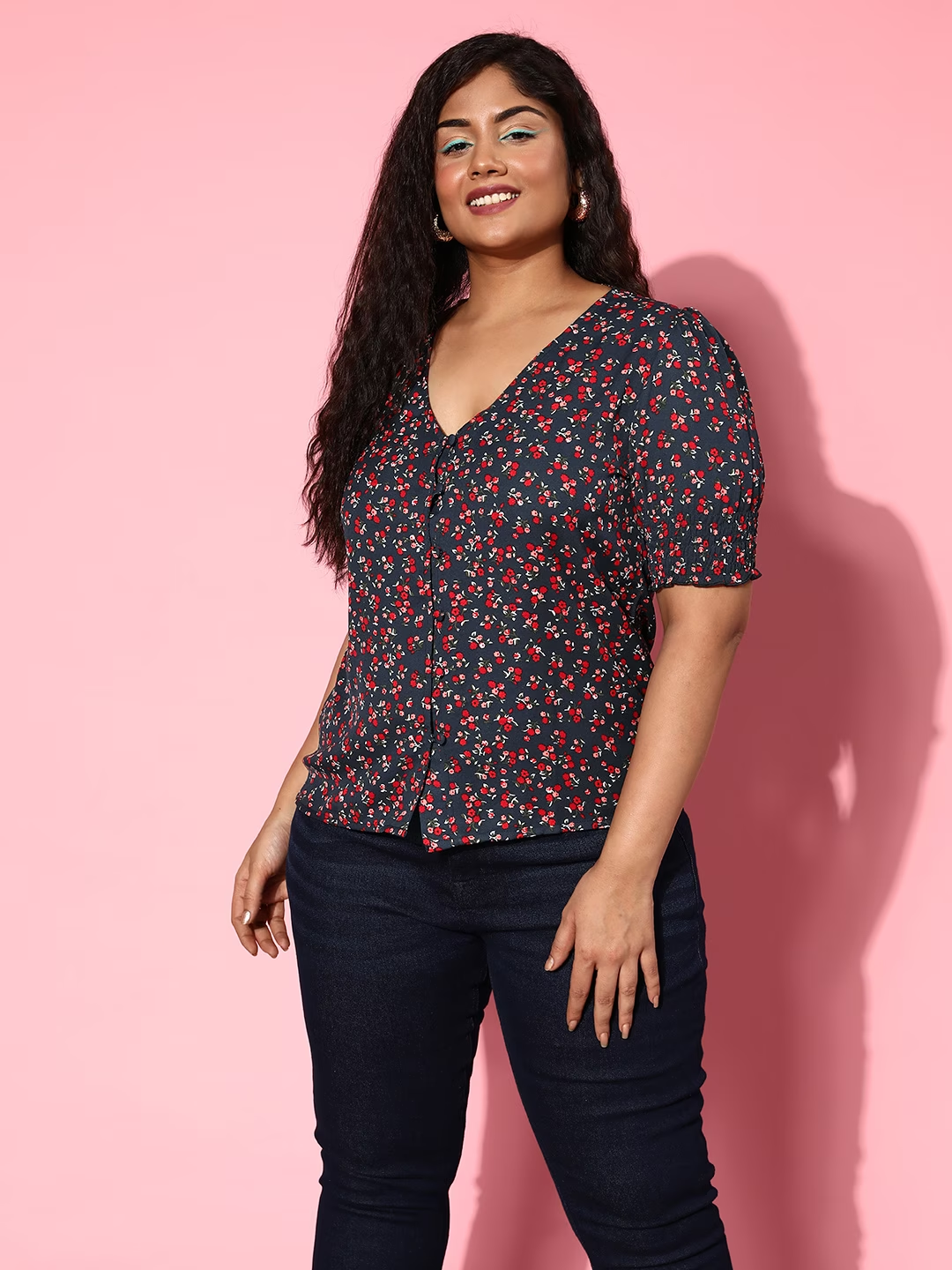 Women Plus Size Navy Blue Red Floral Printed V-Neck Puff Sleeves