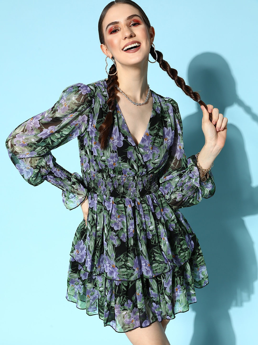 Women Black Blue Floral Printed V-Neck Puff Sleeve Layered Wrap