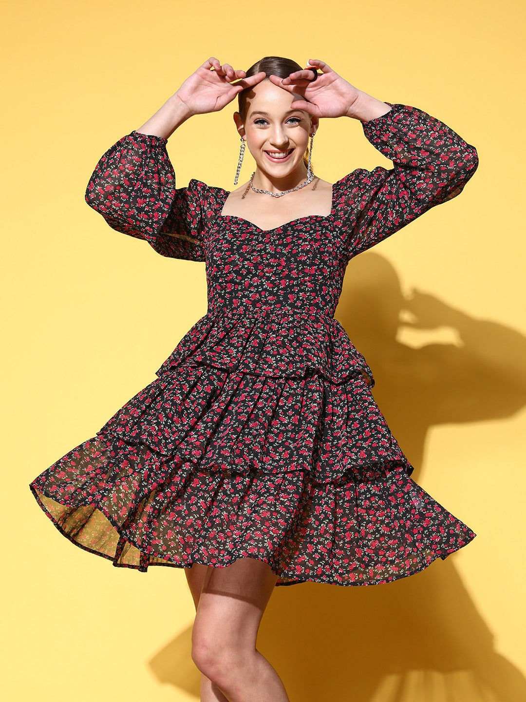 Women Black & Red Floral Printed Sweetheart Neck Georgette Layered Fit & Flare Mini Dress - Berrylush Women Black & Red Floral Printed Sweetheart Neck Georgette Layered Fit & Flare Mini Dress - Berrylush