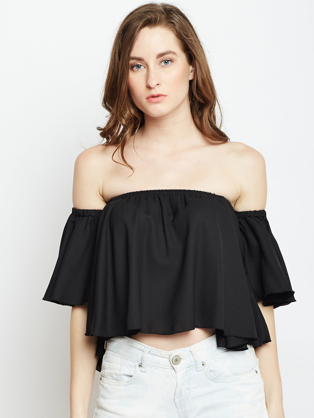 Berrylush Women Solid Black Off-Shoulder Neck Ruffled Crop Bardot Top