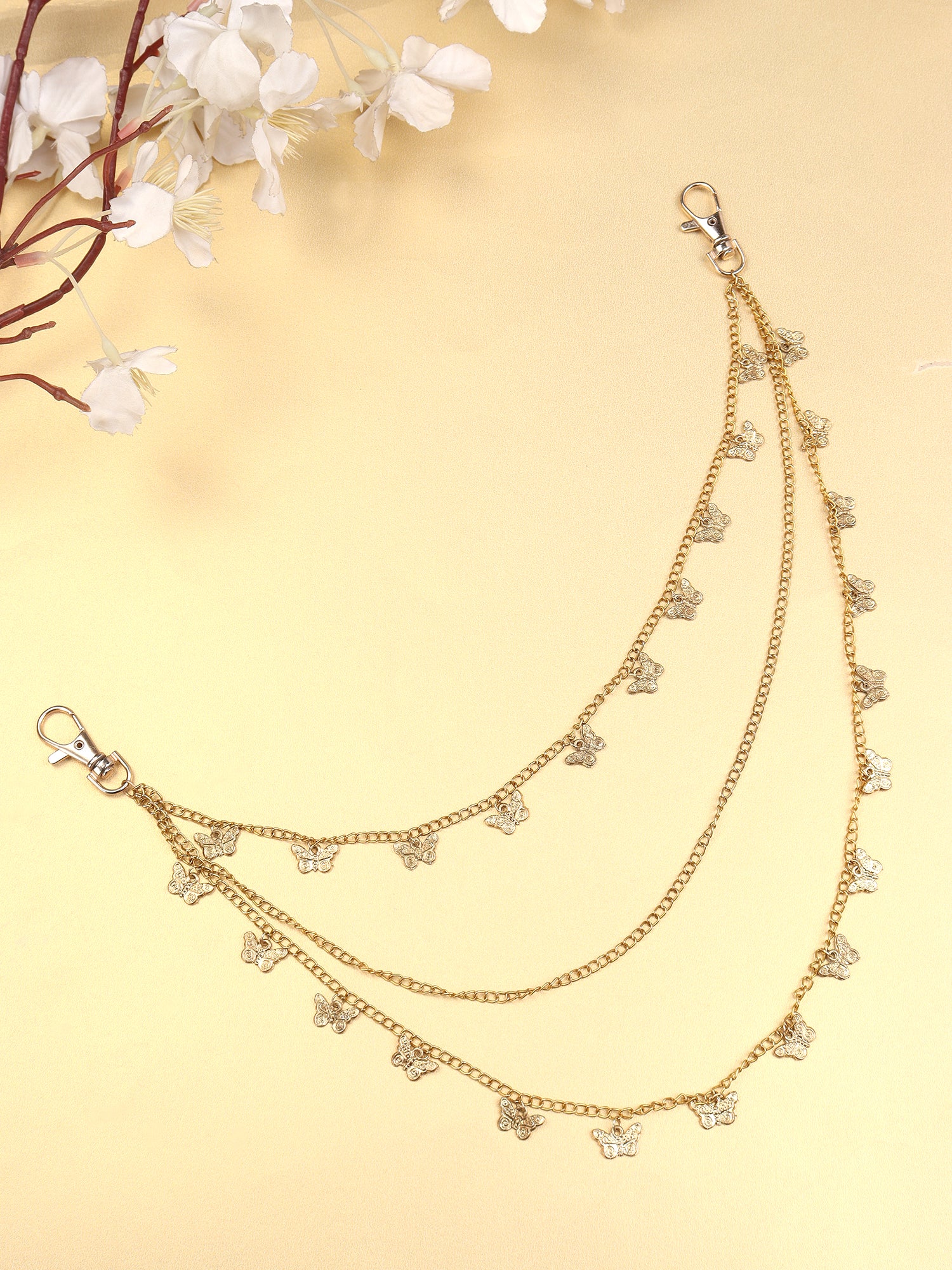 Women Golden Metal Butterfly Layered Interlock Slim Chain Belt