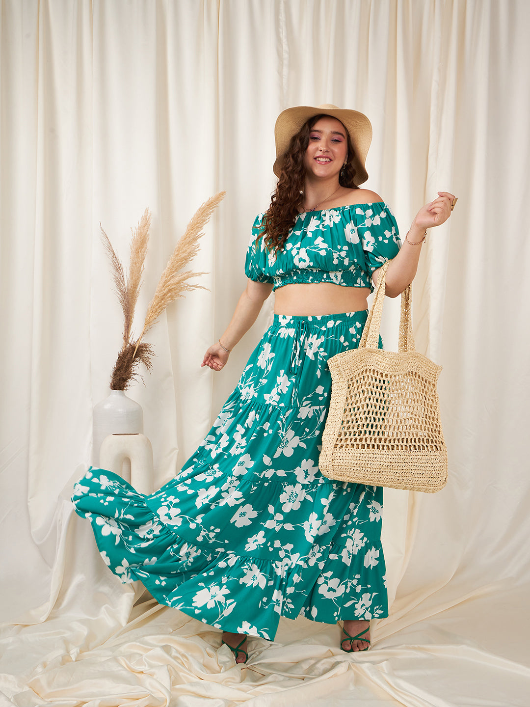 Women Plus Size Green White Floral Printed Off-Shoulder Neck