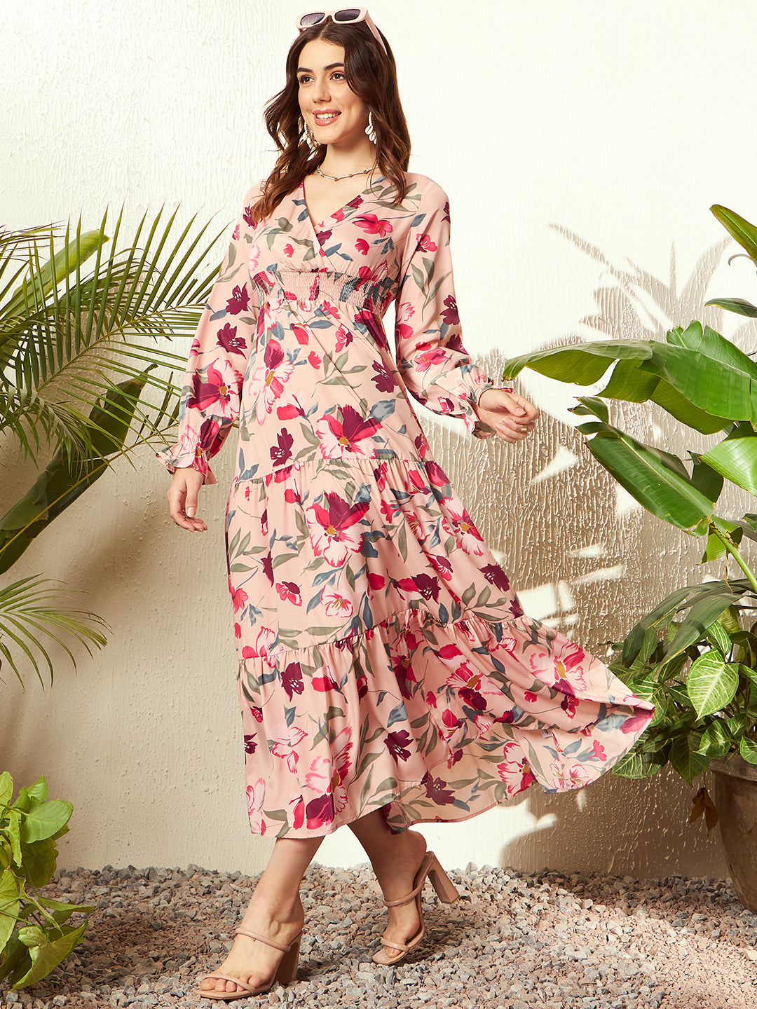 Women Pink Red Floral Printed V-Neck Bishop Sleeve Woven Layered