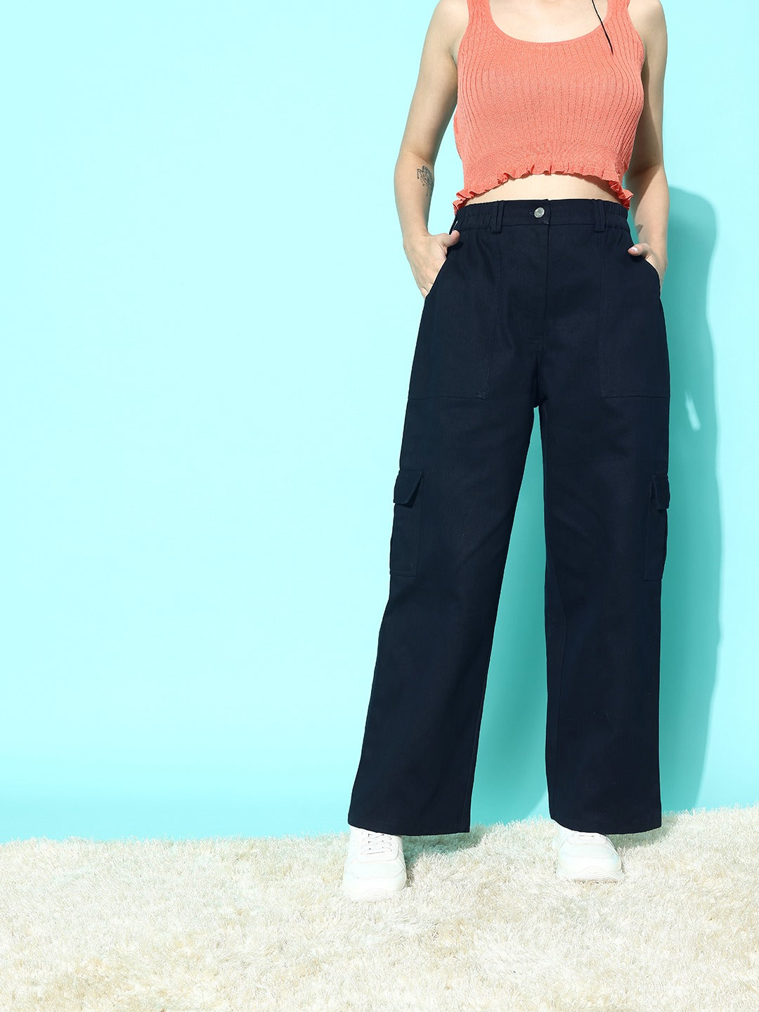 Women Solid Navy Blue High-Rise Waist Flap Six-Pocket Cotton