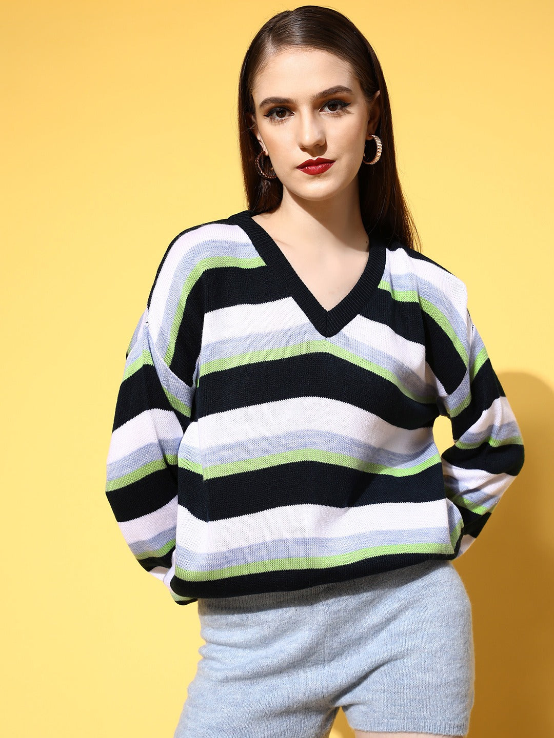 Women Multicolour Striped Pattern V-Neck Acrylic Straight Hem