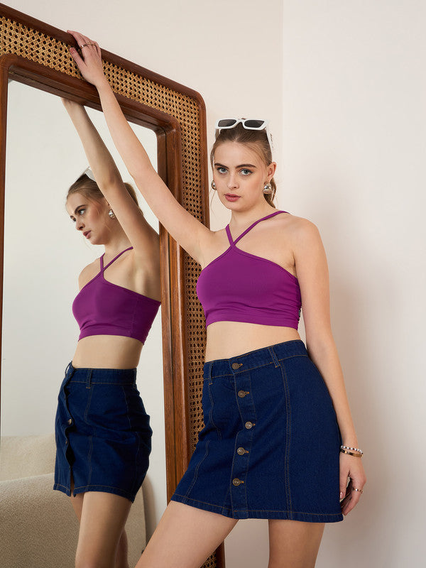 Women Solid Navy Blue High-Rise Waist Denim Slip-On Straight Hem Knitted  A-Line Mini Skirt Berrylush
