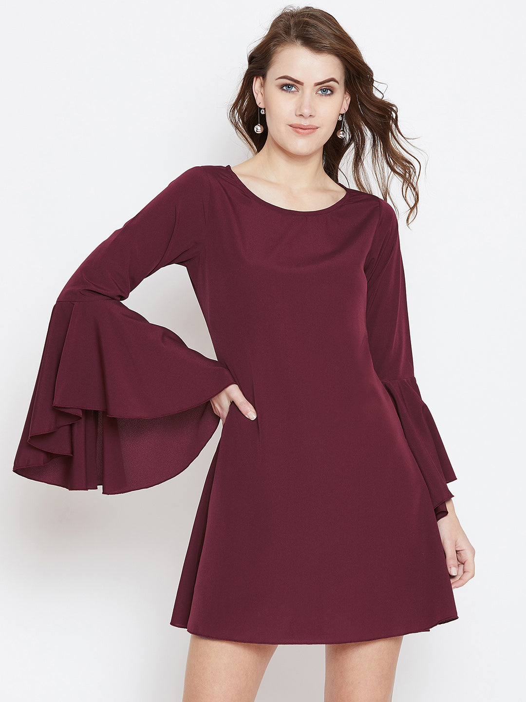 Berrylush Women Solid Maroon Round Neck Bell Sleeves A-Line Mini Dress Berrylush Women Solid Maroon Round Neck Bell Sleeves A-Line Mini Dress