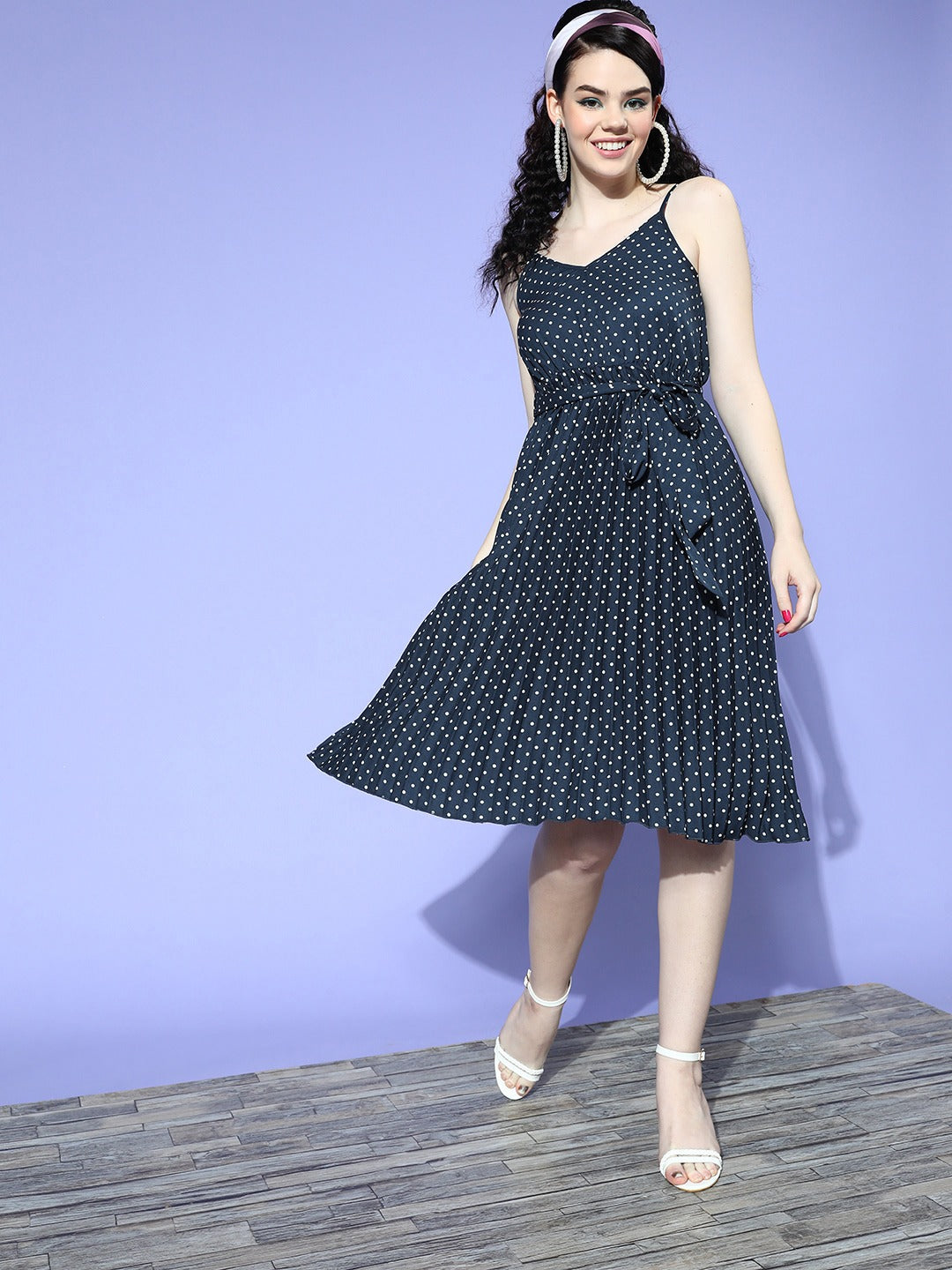 Women Navy Blue White Polka Dot Printed V-Neck Tie-Up Waist Crepe Accordion Pleated Fit Flare Midi Dress Berrylush