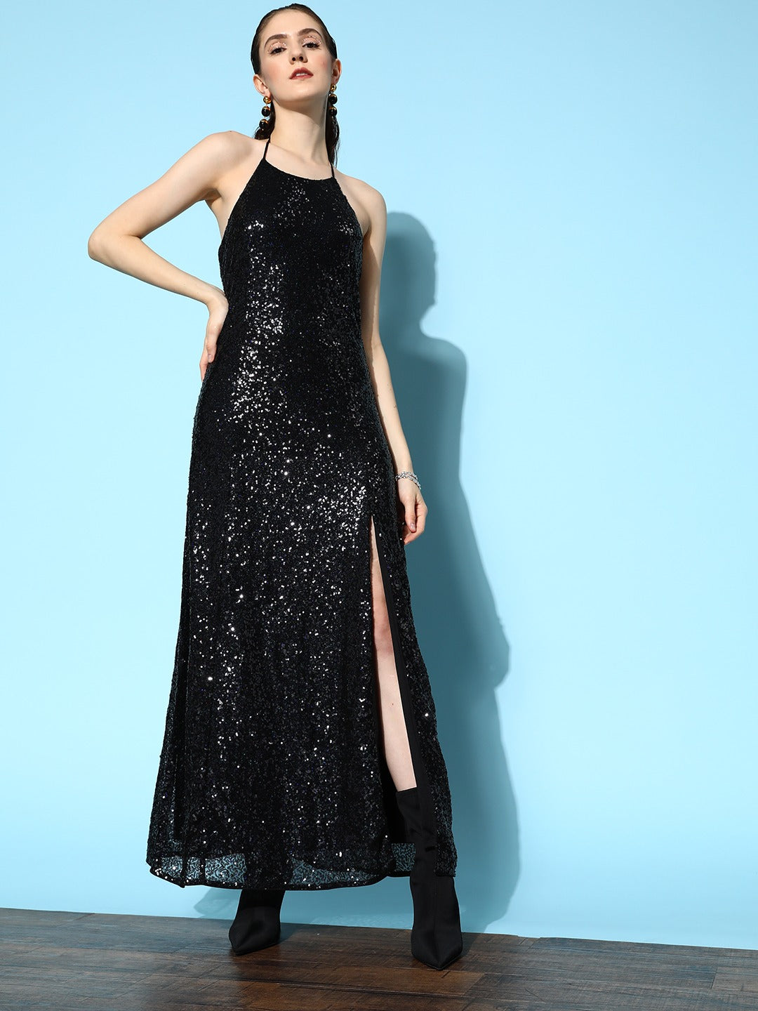 Women Solid Black Halter Neck Sleeveless Backless Thigh-High Slit