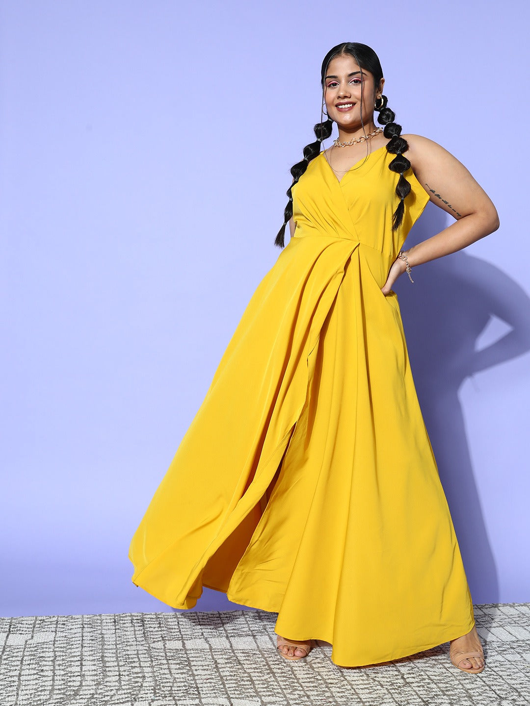 Women Plus Size Solid Yellow V-Neck Sleeveless Crepe Thigh-High Slit Fit & Flare Wrap Maxi Dress - Berrylush Women Plus Size Solid Yellow V-Neck Sleeveless Crepe Thigh-High Slit Fit & Flare Wrap Maxi Dress - Berrylush