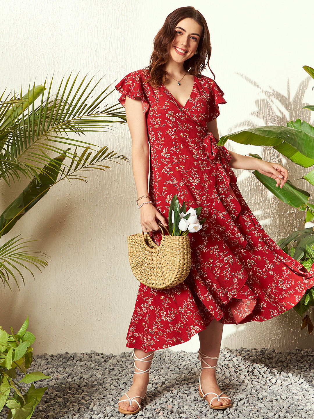 Women Red White Floral Printed V-Neck Flutter Sleeve Waist Tie