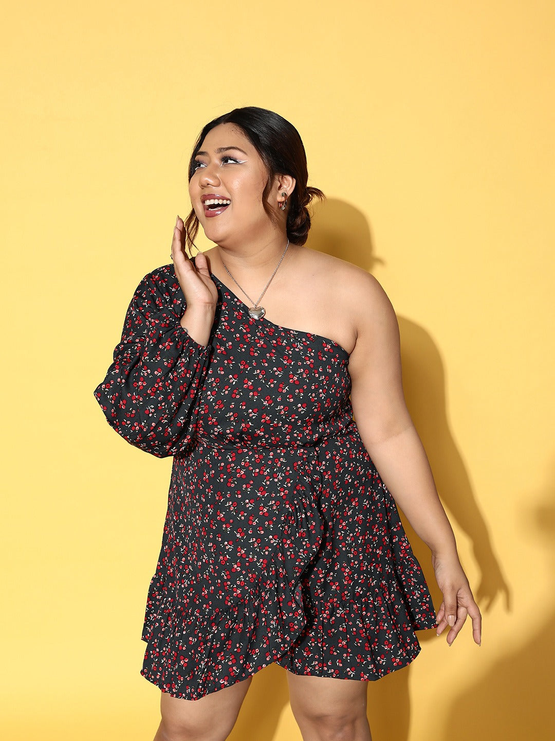 Women Plus Size Navy Blue & Red Floral Printed One-Shoulder Neck Crepe Asymmetric Hem Pleated A-line Mini Dress - Berrylush Women Plus Size Navy Blue & Red Floral Printed One-Shoulder Neck Crepe Asymmetric Hem Pleated A-line Mini Dress - Berrylush