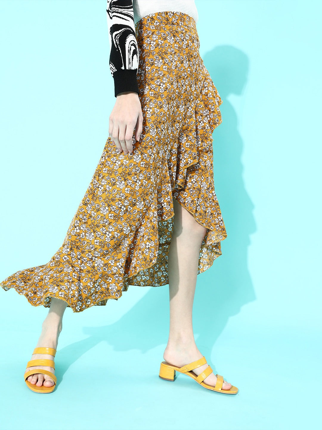 Berrylush Women Mustard Yellow Floral Printed High-Low Ruffled Wrap Mi