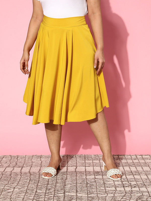 Women Plus Size Solid Yellow Polyester Slip-On High-Rise Waist