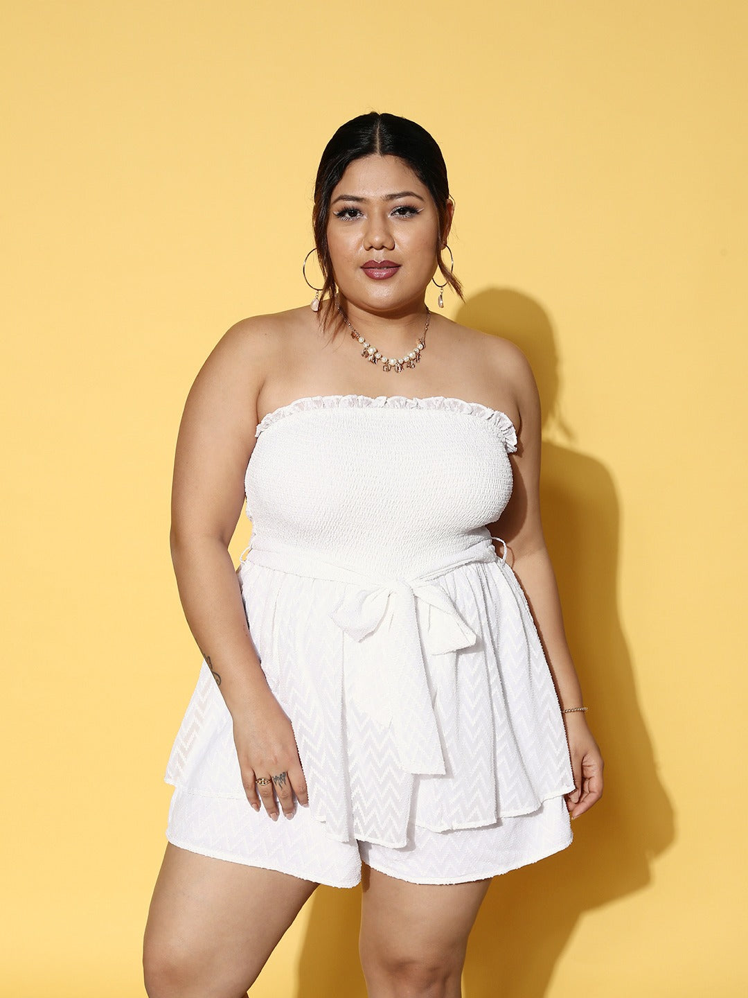 Women Plus Size Solid White Strapless Neck Waist Tie-Up Smocked