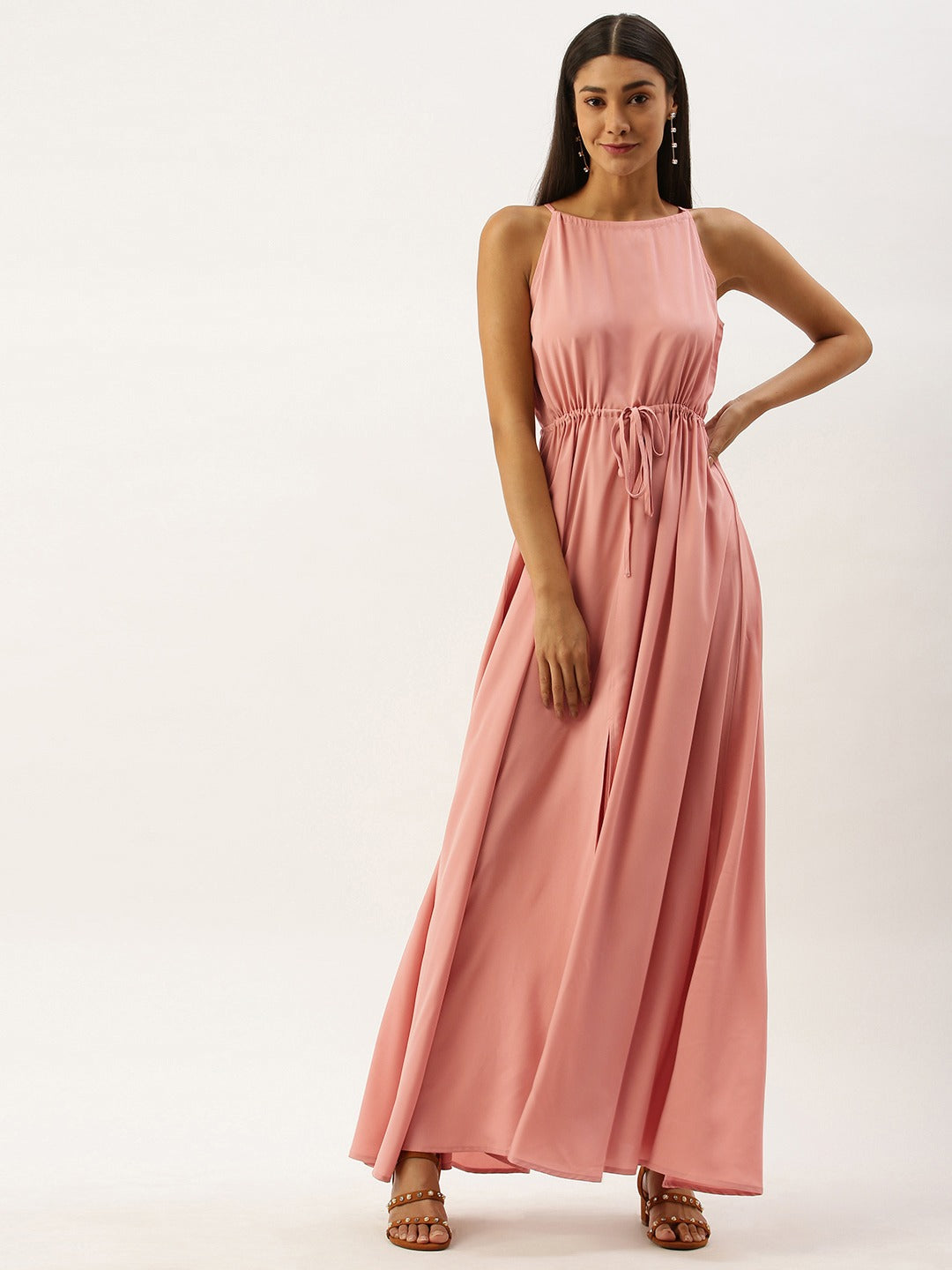 Berrylush Women Solid Pink Halter Neck Maxi Dress Berrylush Women Solid Pink Halter Neck Maxi Dress