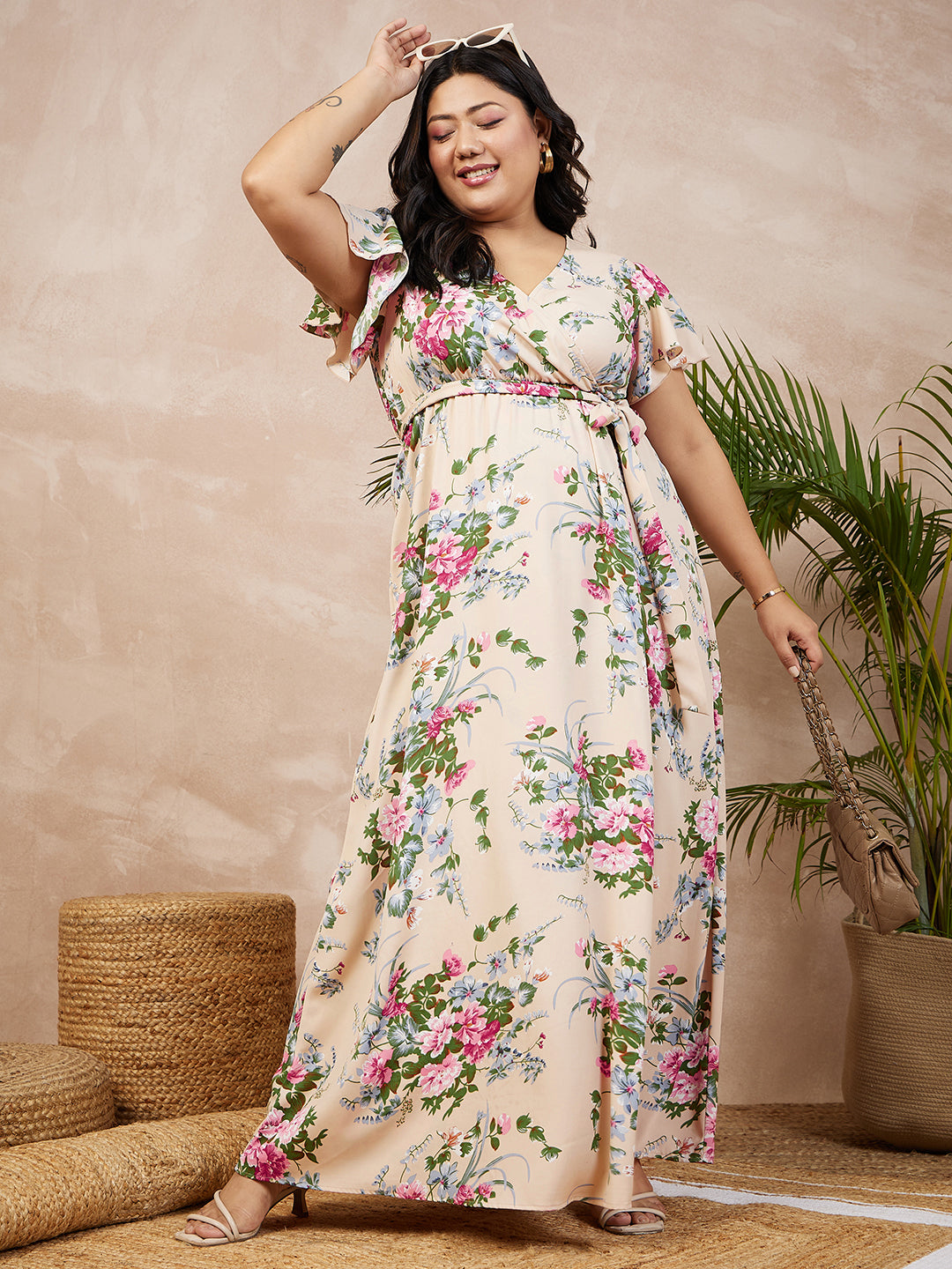 Women Plus Size Beige Pink Floral Printed V-Neck Flutter Sleeve