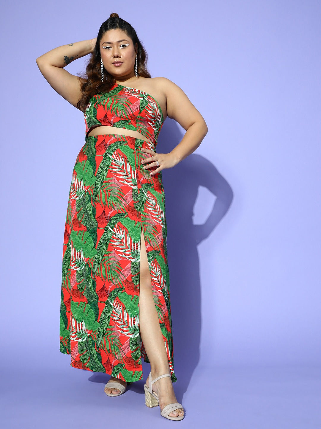 Berrylush Women Plus Size Red & Green Tropical Print One-Shoulder Neck  Thigh-High Slit Crop Top & Maxi Skirt Set