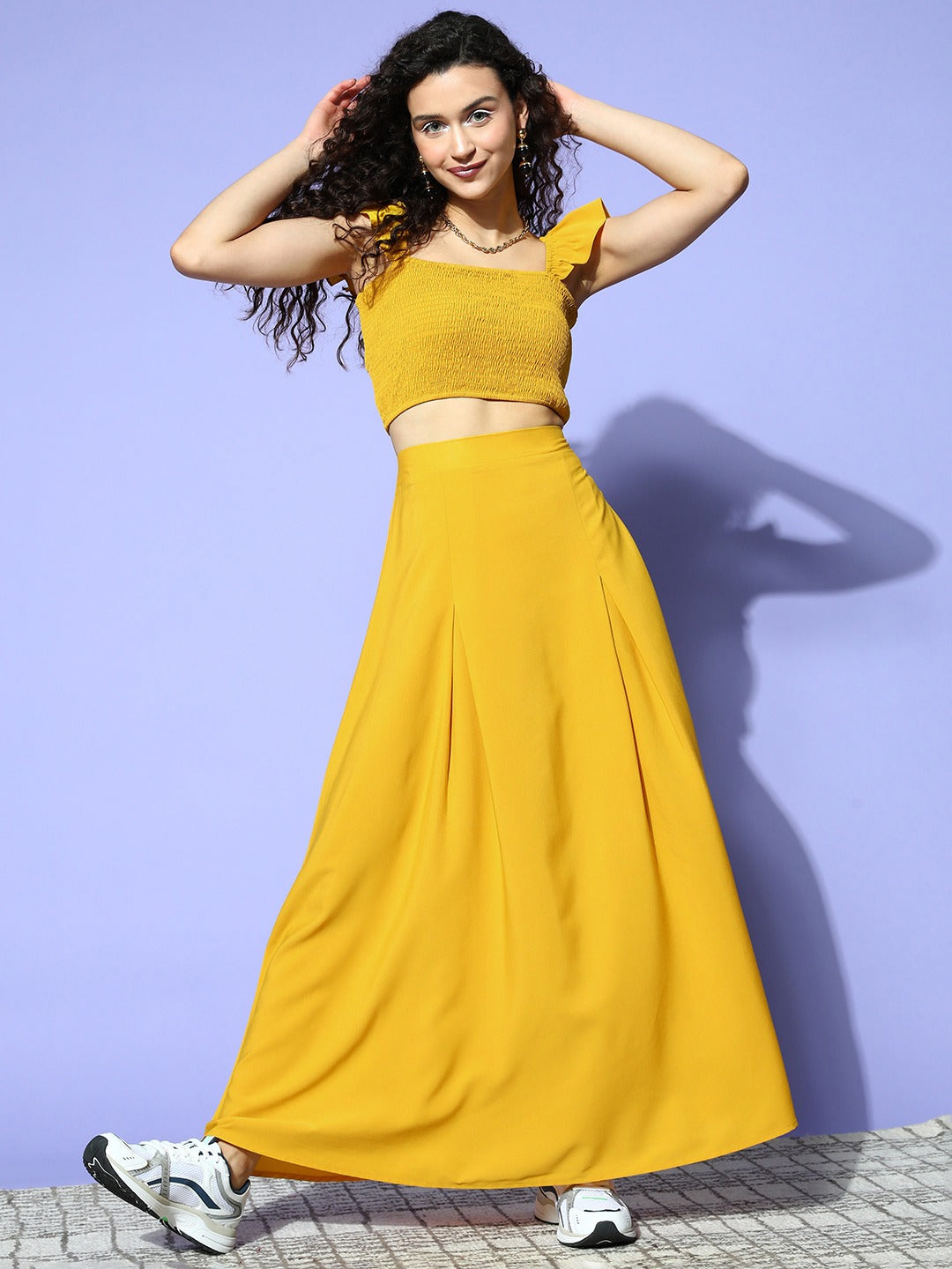 Women Solid Yellow Square Neck Side-Slit Smocked Crop Top Maxi