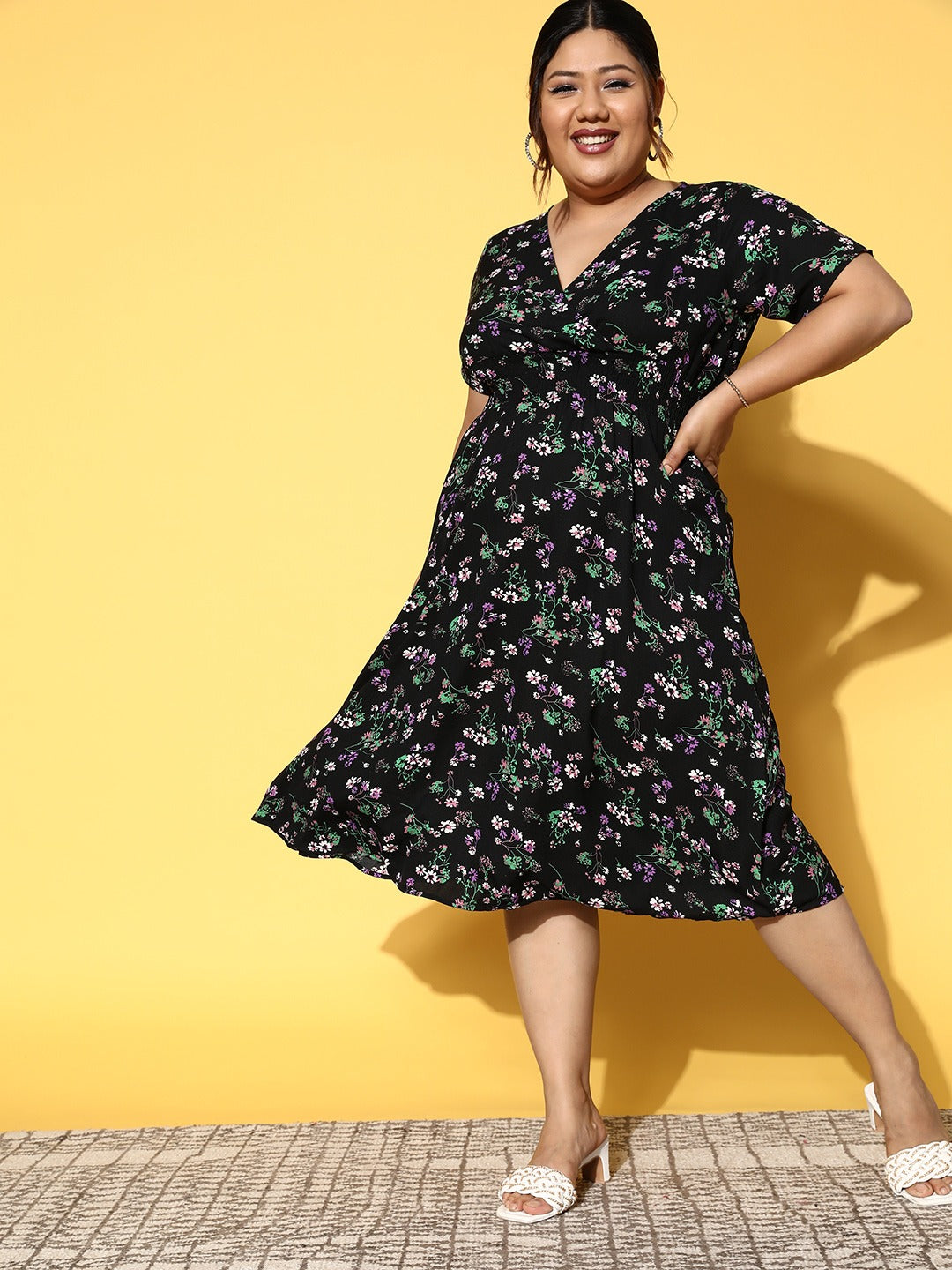 Women Plus Size Black Purple Floral Printed V-Neck Crepe Flared Wrap Midi Dress Berrylush