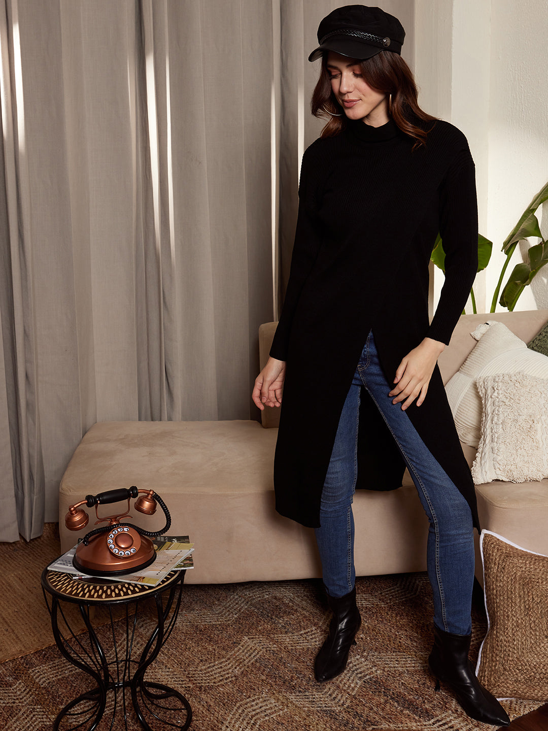 Women Solid Black Turtle Neck Drop-Shoulder Sleeves Front-Split