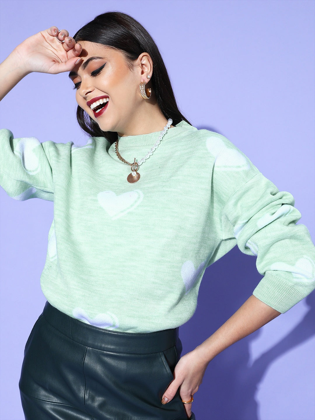 Women Sea Green u0026 White Heart Printed Round Neck Acrylic Straight Hem  Regular Sweater - Berrylush