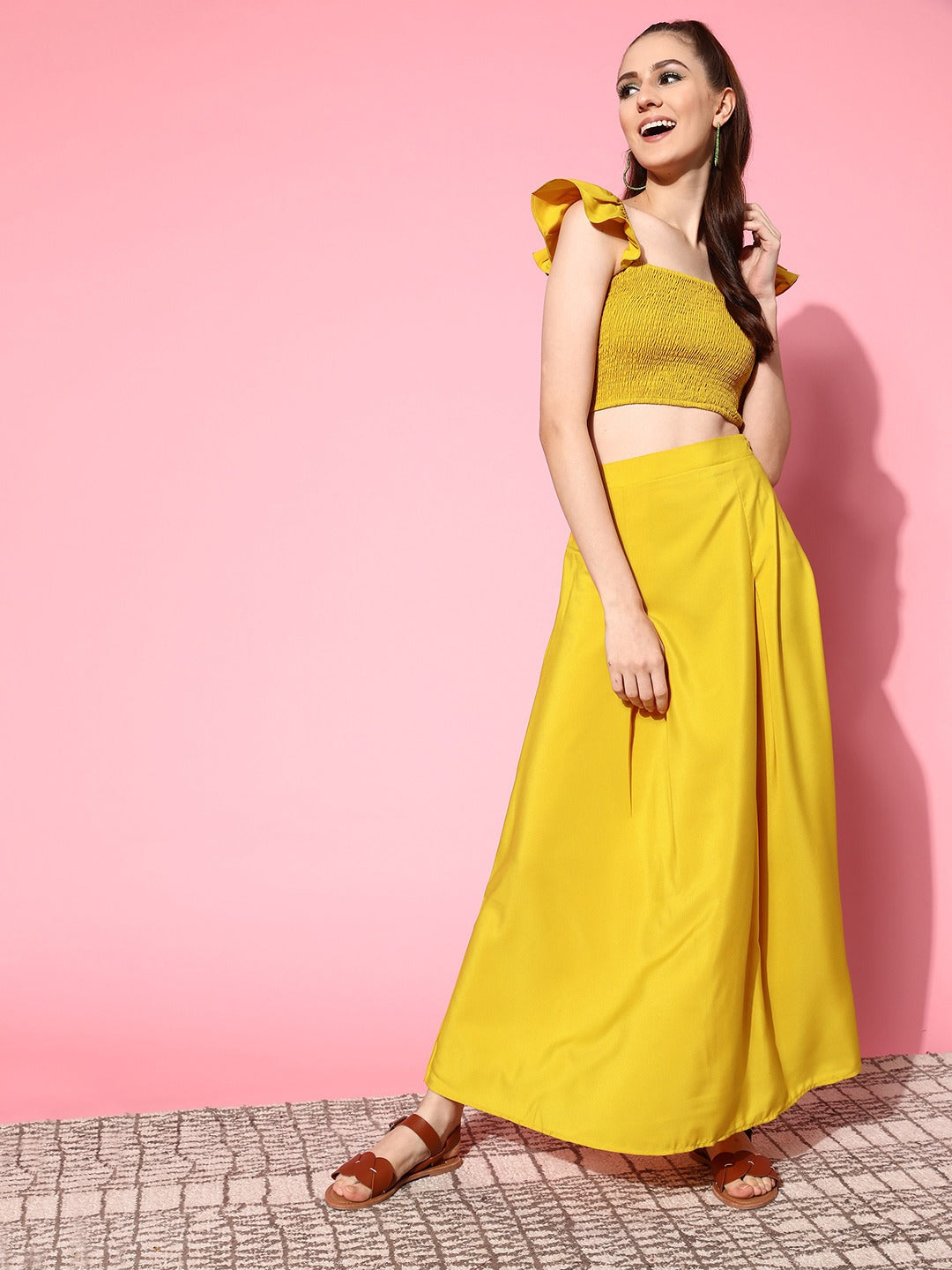 Women Solid Yellow Square Neck Smocked Crop Top & Thigh-High Slit ...