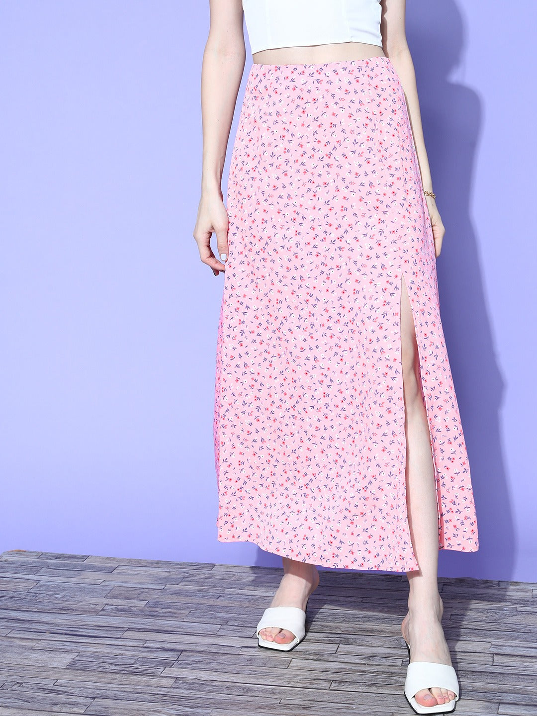 Women Pink Floral Printed High-Rise Waist Side-Slit Flared A-Line Maxi Skirt Berrylush