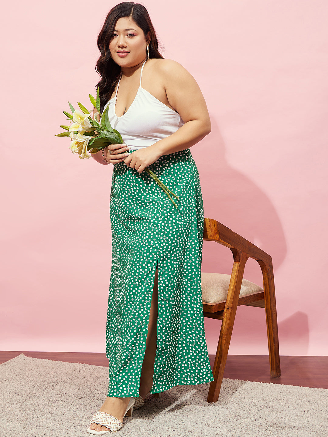 Women Plus Size Green White Floral Printed High-Rise Waist Thigh-High Slit Flared A-Line Maxi Skirt Berrylush