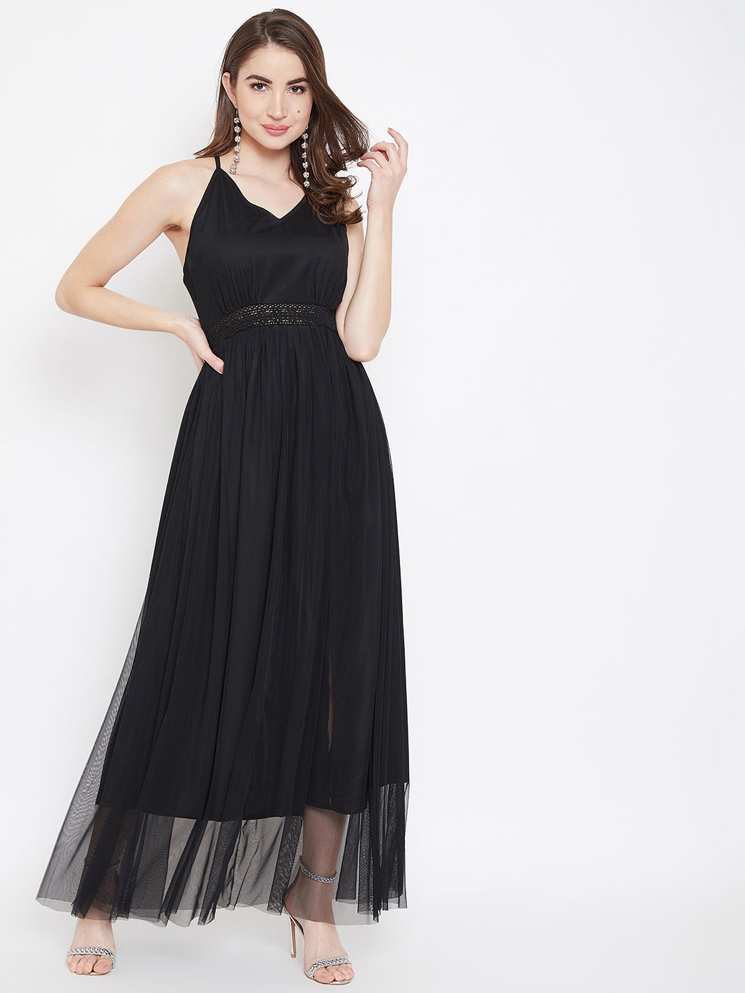 Berrylush Women Solid Black V-Neck Criss-Cross Back Crepe Flared Maxi Berrylush Women Solid Black V-Neck Criss-Cross Back Crepe Flared Maxi
