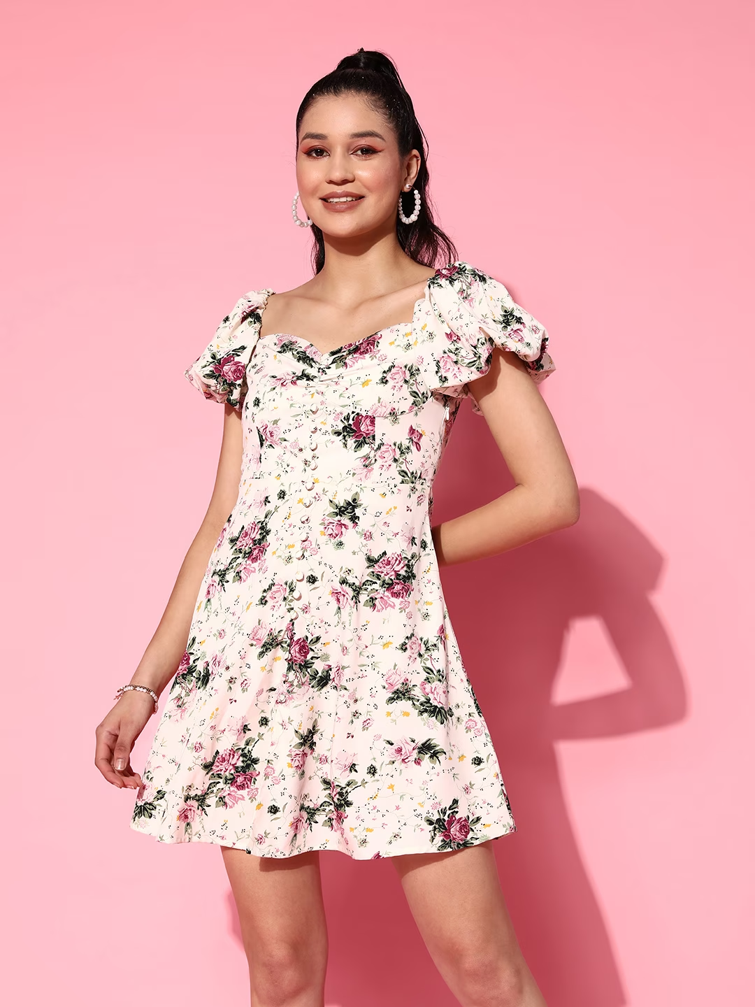 Women Beige & Purple Floral Printed Off-Shoulder Neck Crepe Pleated Fit & Flare  Mini Dress - Berrylush