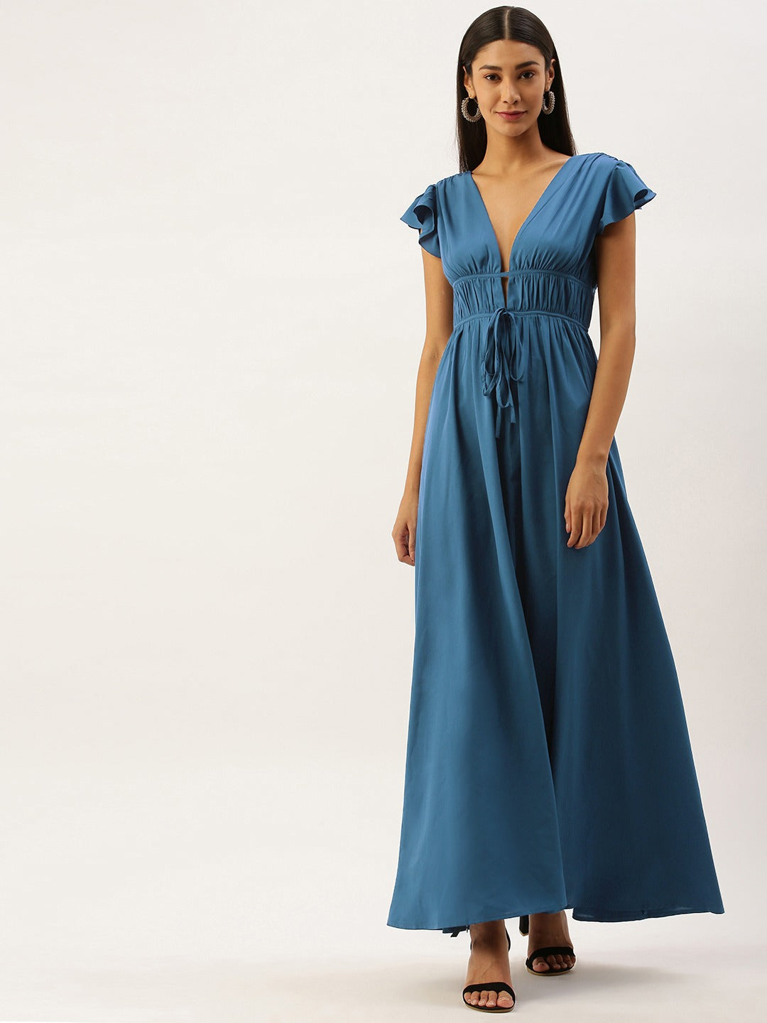 Berrylush Women Solid Blue Deep V-Neck Maxi Dress Berrylush Women Solid Blue Deep V-Neck Maxi Dress