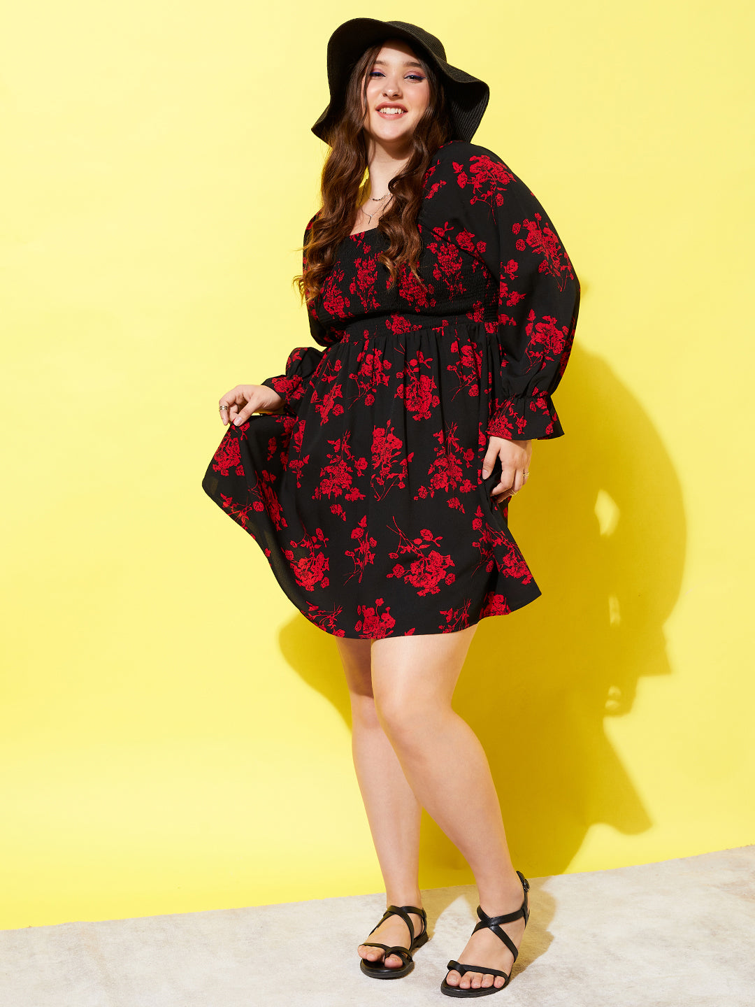 Women Plus Size Black & Red Floral Printed Square Neck Bell Sleeve Smocked A-Line Mini Dress - Berrylush Women Plus Size Black & Red Floral Printed Square Neck Bell Sleeve Smocked A-Line Mini Dress - Berrylush