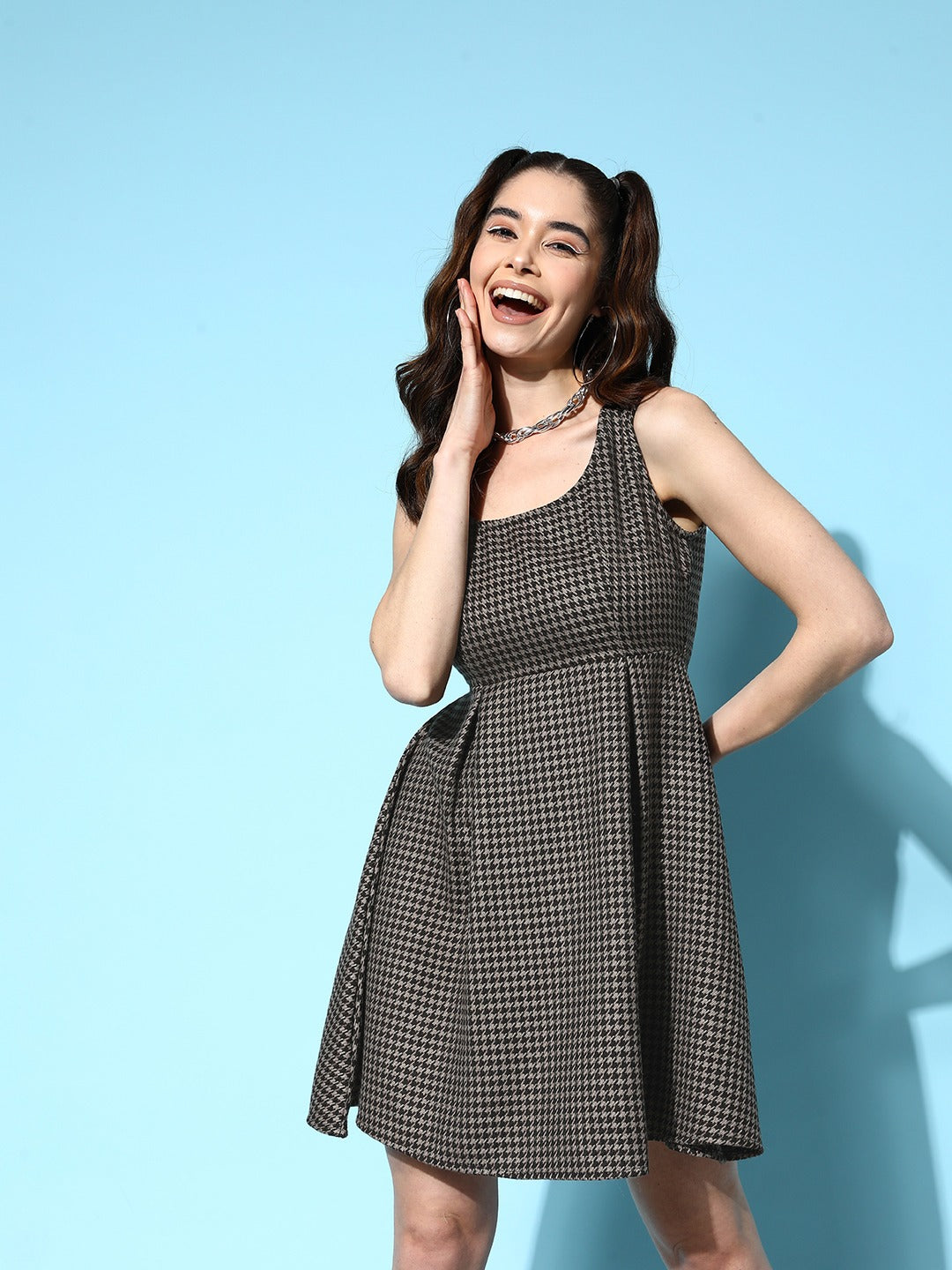 Women Brown & Black Checked Pattern Round Neck Sleeveless Cotton Flared A- Line Mini Dress - Berrylush Women Brown & Black Checked Pattern Round Neck Sleeveless Cotton Flared A- Line Mini Dress - Berrylush