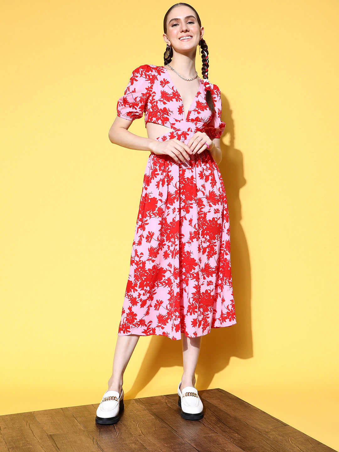 Women Pink Red Floral Printed V-Neck Cutout Tie-Up Crepe A-Line