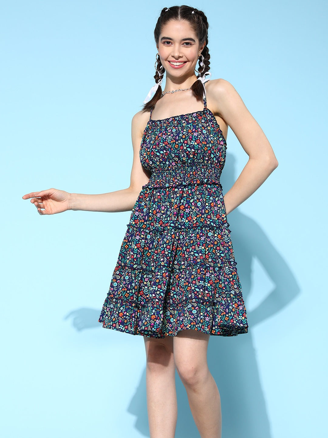 Women Navy Blue Orange Ditsy Floral Printed Square Neck