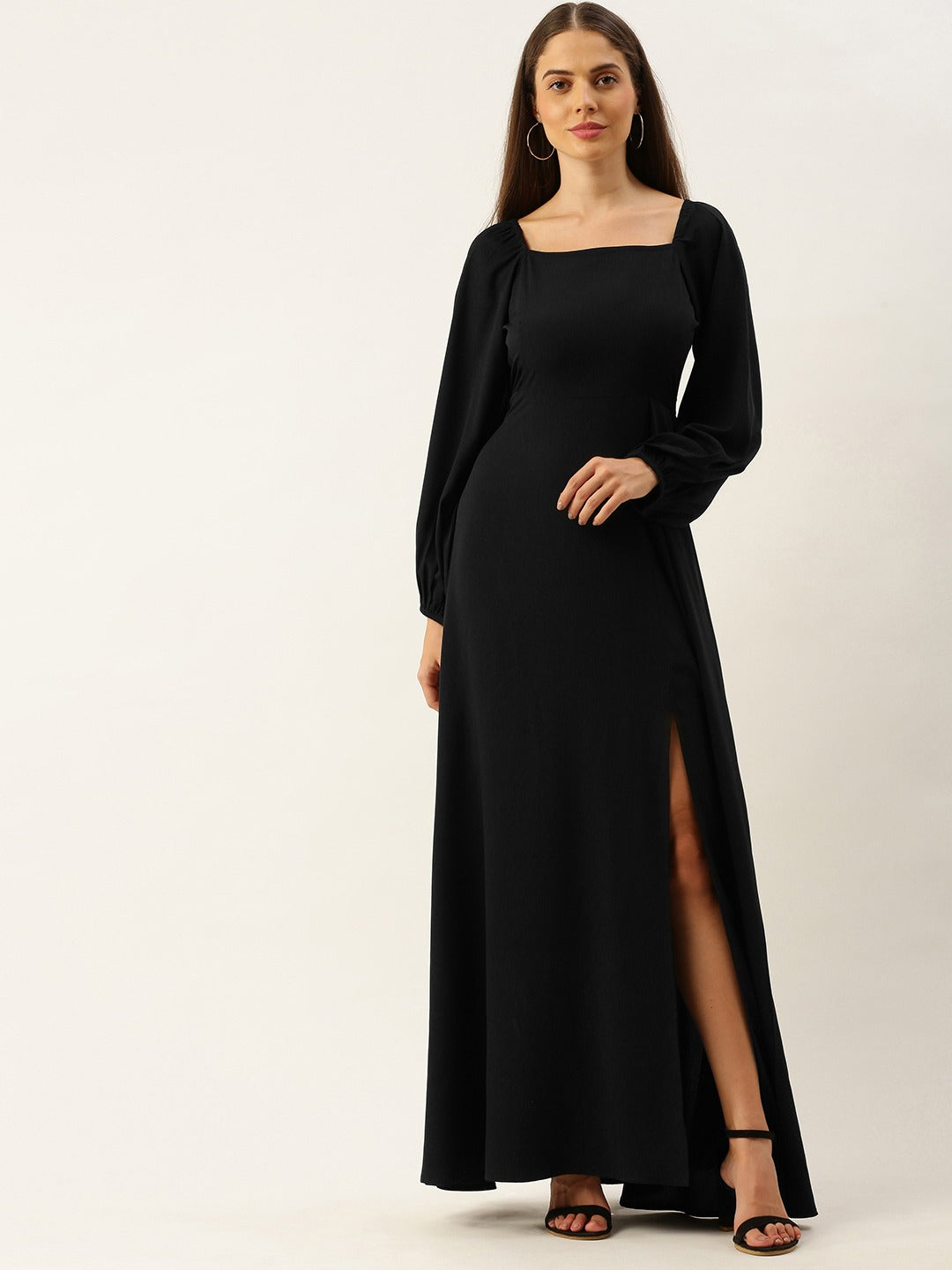 Berrylush Women Solid Black Square Neck High Slit Maxi Dress Berrylush Women Solid Black Square Neck High Slit Maxi Dress