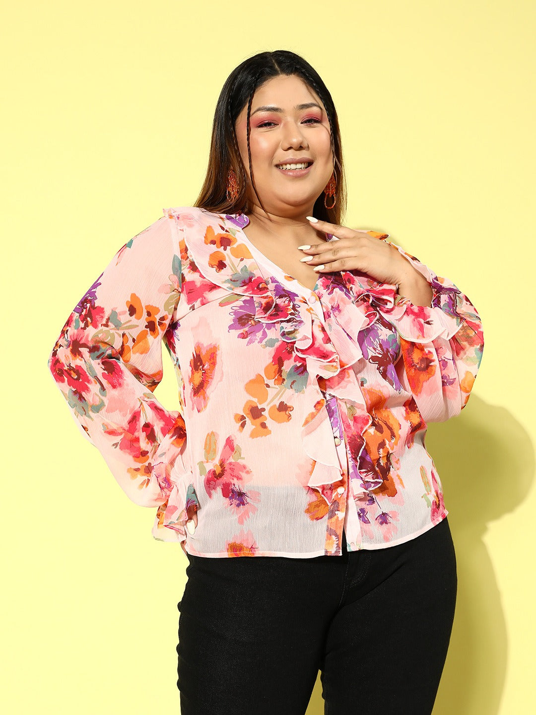 Women Plus Size Pink Floral Printed V-Neck Button-Up Chiffon