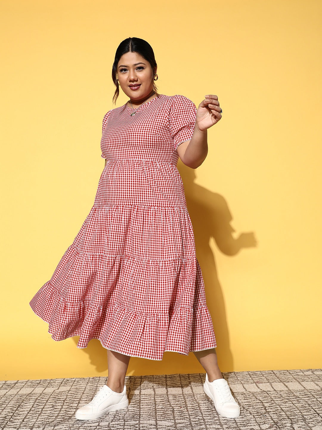 Women Plus Size Red & White Checked Pattern Round Neck Cotton Flounce Hem Pleated A-Line Midi Dress - Berrylush Women Plus Size Red & White Checked Pattern Round Neck Cotton Flounce Hem Pleated A-Line Midi Dress - Berrylush