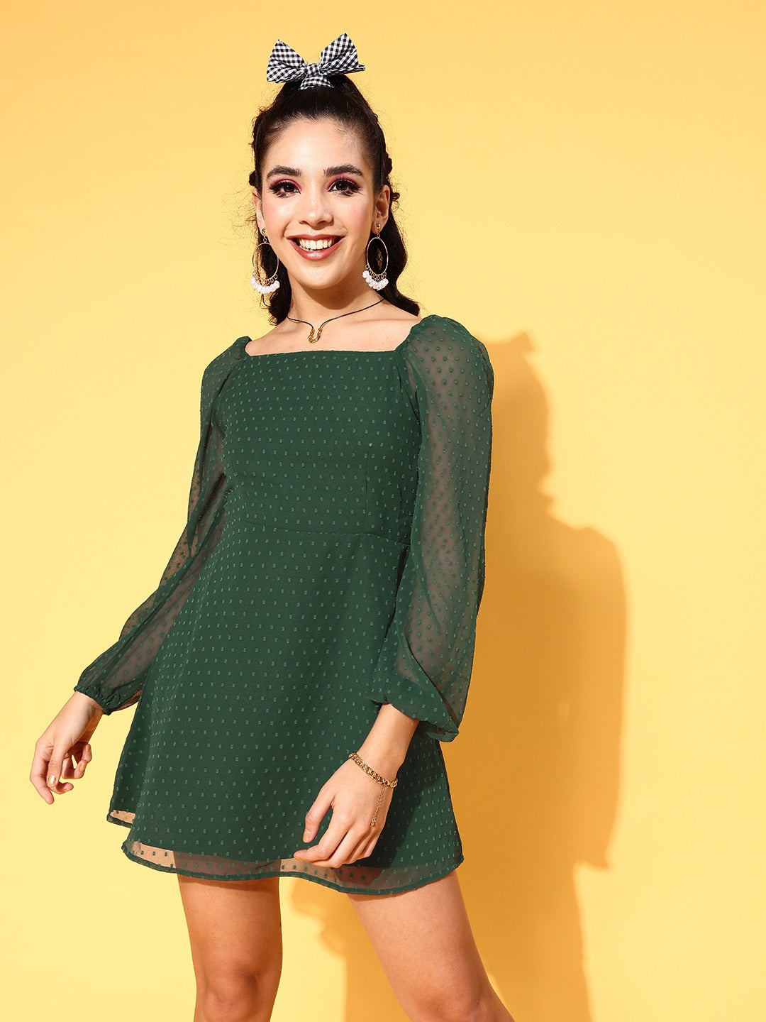 Berrylush Women Green Self-Design Pattern Square Neck Flared A-Line Mi
