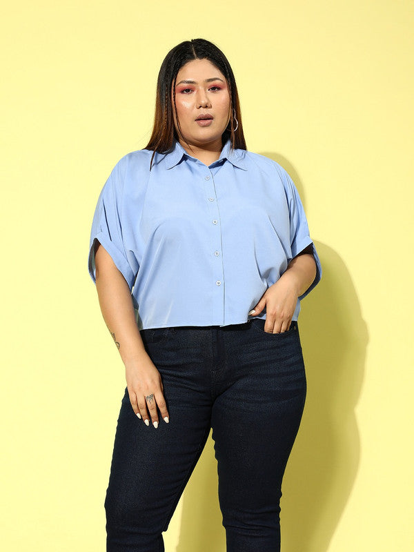 Women Plus Size Solid Blue Spread Collar Neck Batwing Sleeve
